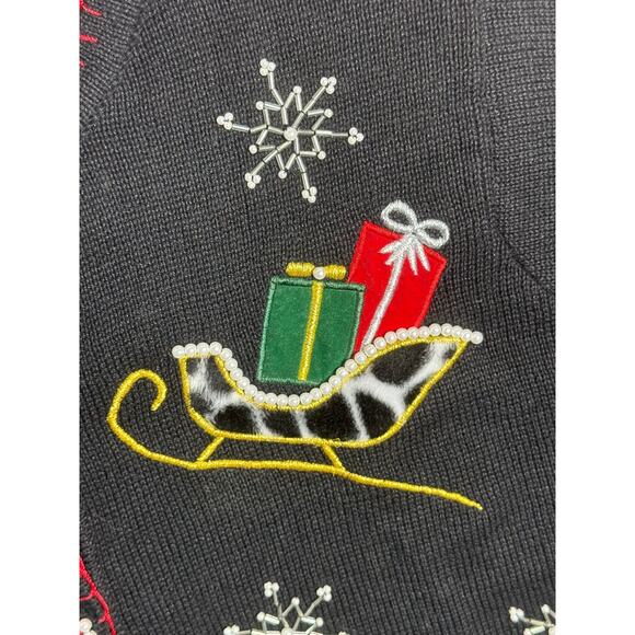Christmas Sweater Embellished Pearls Sequin Black Animal Print Sleighs Sz Large - Picture 5 of 10